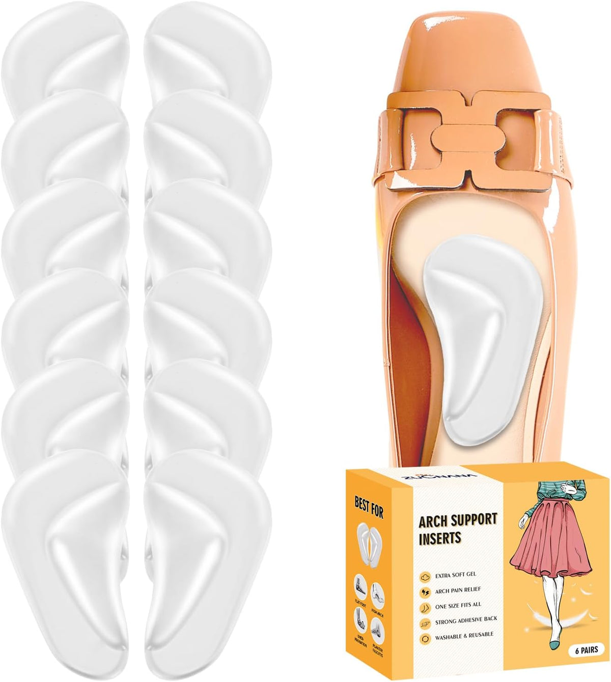 ZUCNANA Arch Support Inserts for Women Flat Feet Plantar Fasciitis 6 Pairs