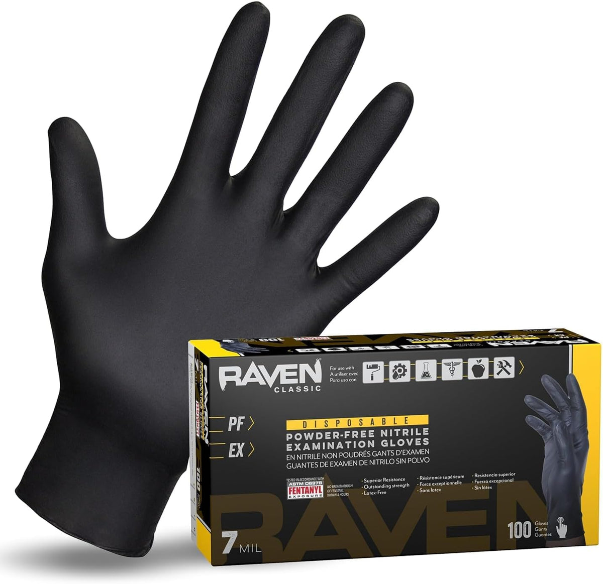 Raven Powder Free Nitrile Disposable Gloves | 7 Mil | Latex Free, Chemical + Puncture Resistant, Single Use |