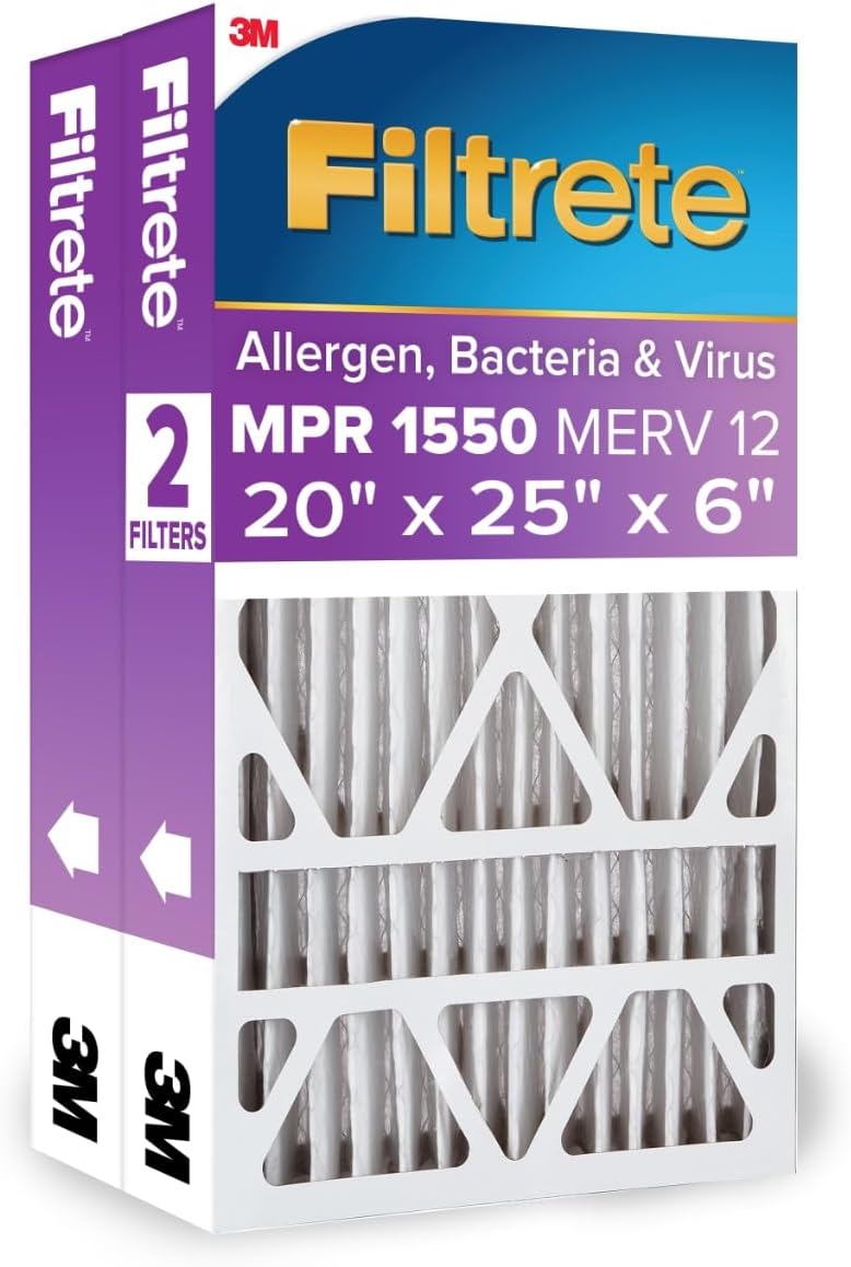 Filtrete 20x25x4 Air Filter MERV 12, MPR 1550 Certified Asthma & Allergy Friendly 2-Pack, Fits Honeywell & AprilAire, AC Furnace HVAC Filters, Pleated Electrostatic (Actual Size 19.88x24.63x4.31 in)