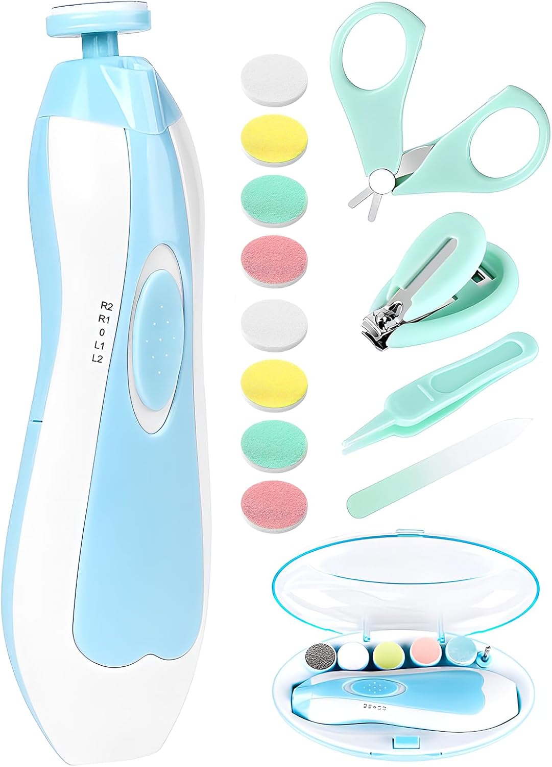 Qunlions life Electric Nail File Drill for Baby No Sharp Claws Hurt, 6 in 1 Safety Cutter Trimmer Clipper for Toes and Fingers (Blue)