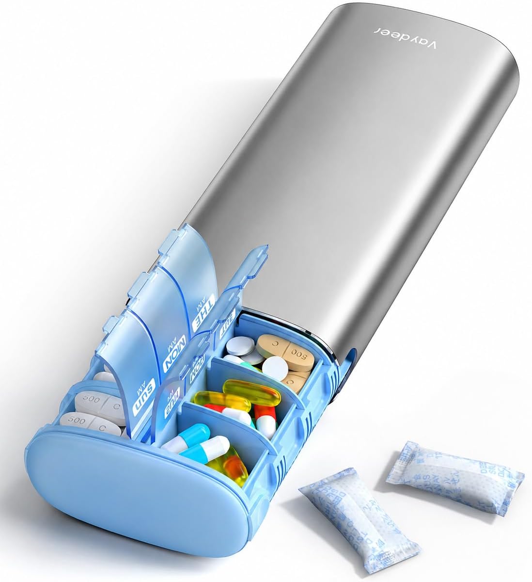 Vaydeer Metal 7 Day Travel Pill Organizer 2 Times a Day, Built-in Desiccant