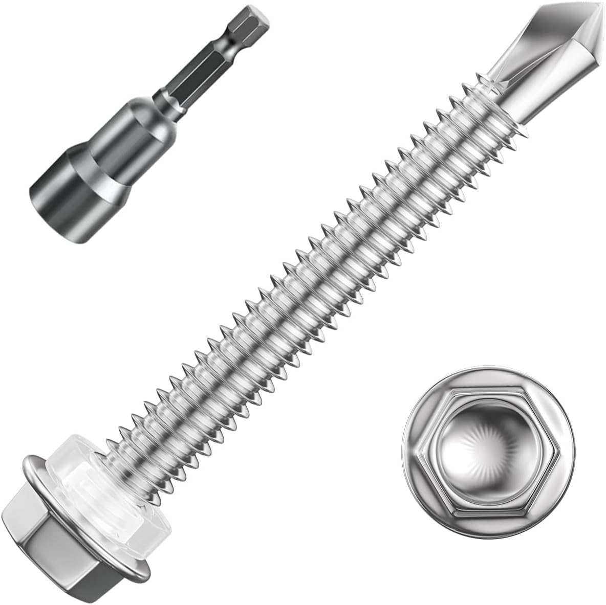 Wensilon (300Pcs) #8×3/4" Hex Washer Head Self Drilling Screws, 410 Stainless Steel Metal SheetScrews，TEK Screws, Sheet Metal Self Tapping Screws