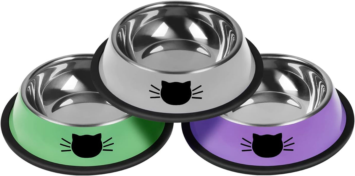 Serentive 2 Pcs Non-Slip Stainless Steel Small Cat Food Bowls - Unbreakable, Thicken 7 Oz Cat Dishes - Indoor, Removable Rubber Base, Easily Clean, Lovely Color
