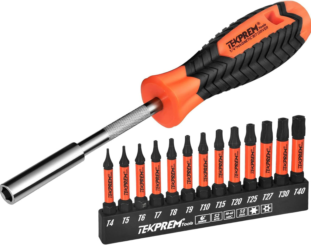 Torx Bit Set with 1/4 inch Magnetic Bit Driver,TEKPREM 12-Piece Security Torx Screwdriver Bit Set with 1 inch T5 T6 T7 T8 T9 T10 T15 T20 T25 T27 T30 T40 Tamper Resistant