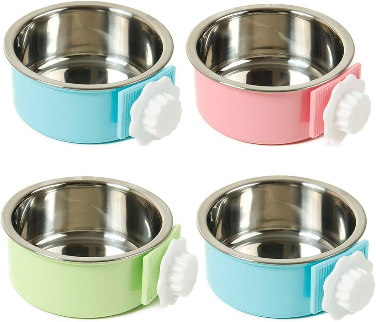 kathson Crate Dog Bowl, Removable Stainless Steel Hanging Pet Kennel Cage Bowl Food & Water Feeder Coop Cup for Puppy, Cat, Rabbit, Guinea Pigs Ferret Bird (2 PCS, Size: M, Blue and Green)