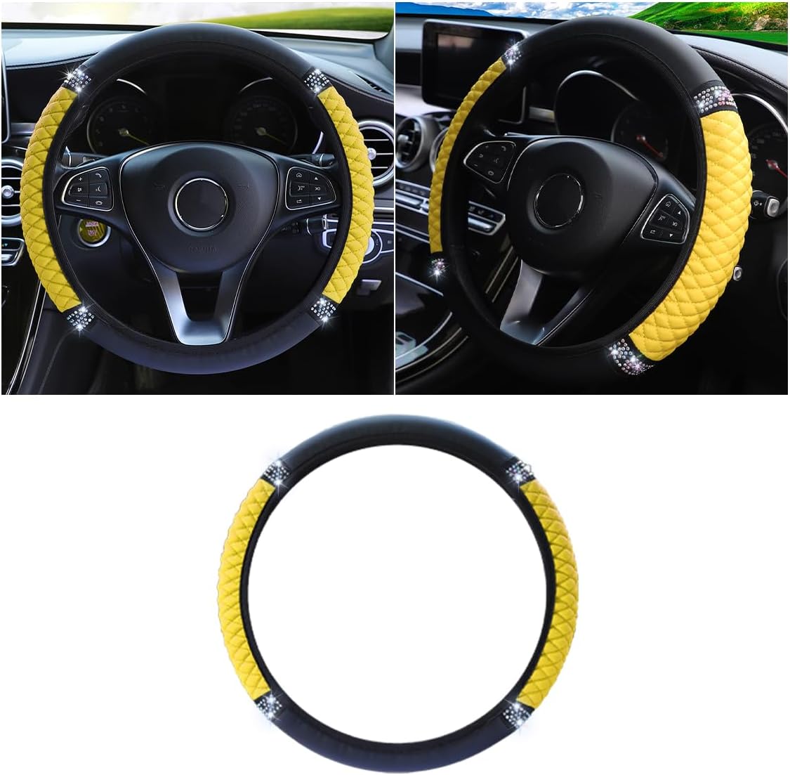 JOYCOURT 15 Inch Bling Soft Leather Car Steering Wheel Cover, Pink