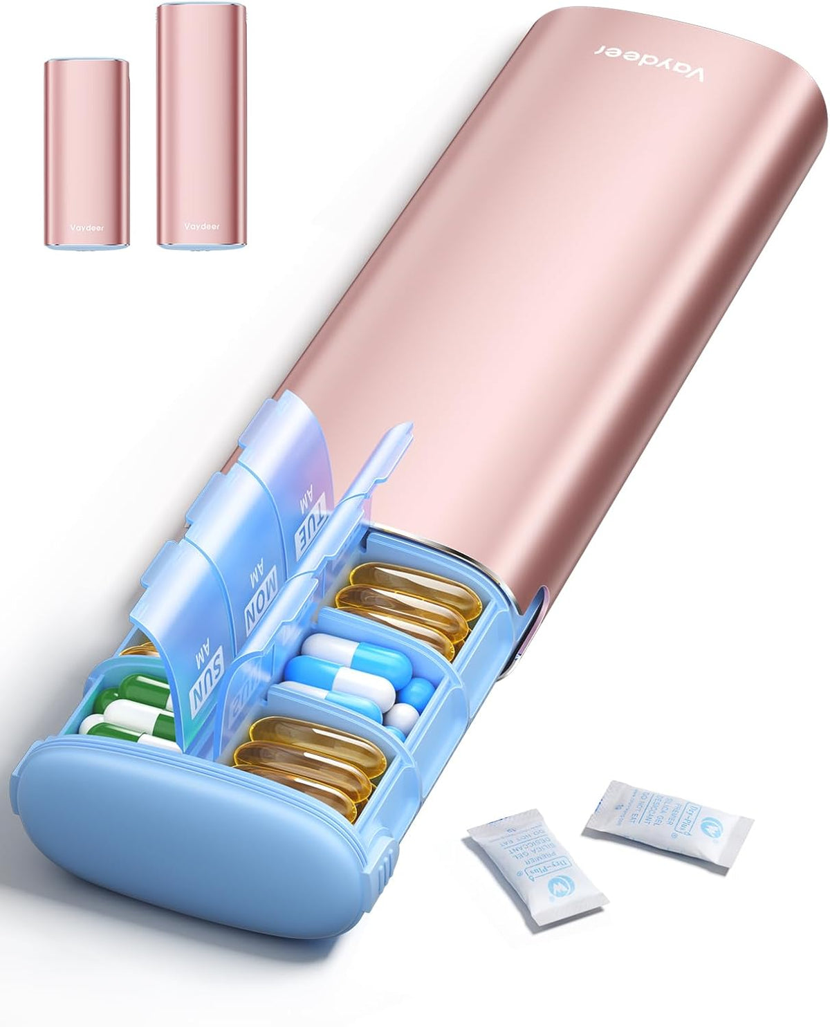 Vaydeer Metal 7 Day Travel Pill Organizer 2 Times a Day, Built-in Desiccant