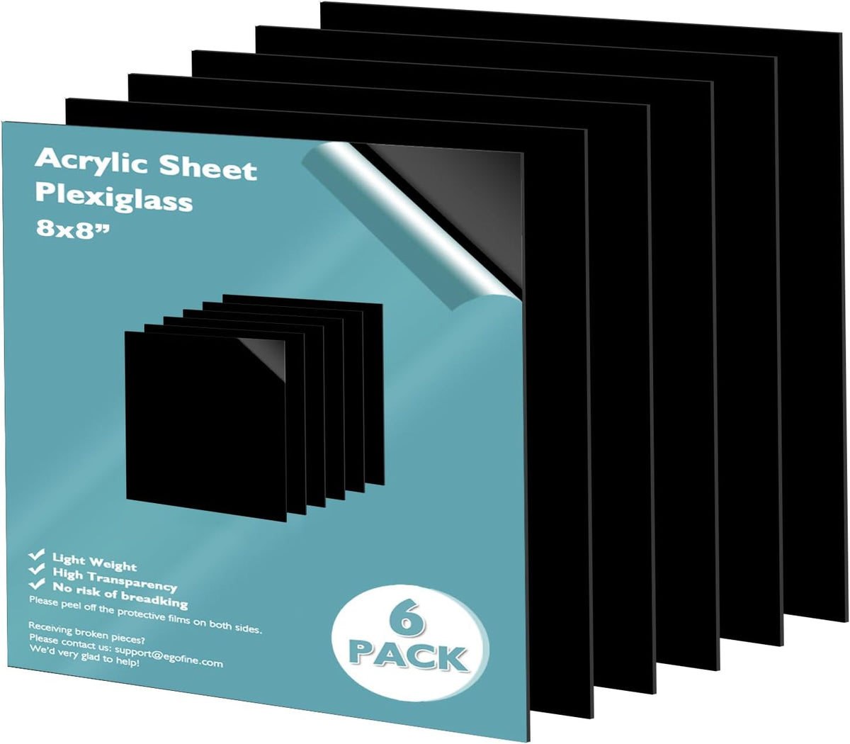 Egofine Plexiglass Sheets Acrylic Sheets 6 Pack of 8x10’’ 0.04 Thick Clear Plastic Cast Transparent Plexi Glass for Crafting Projects, Replacement Picture Frame Glass, DIY Display, Easy to Cut