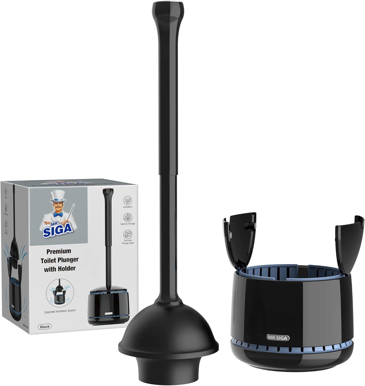 MR.SIGA Toilet Plunger with Holder, Plungers for Bathroom Heavy Duty, Black