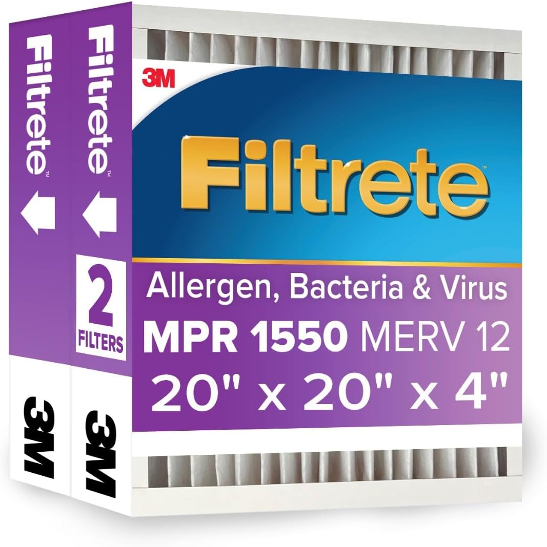 Filtrete 20x25x4 Air Filter MERV 12, MPR 1550 Certified Asthma & Allergy Friendly 2-Pack, Fits Honeywell & AprilAire, AC Furnace HVAC Filters, Pleated Electrostatic (Actual Size 19.88x24.63x4.31 in)