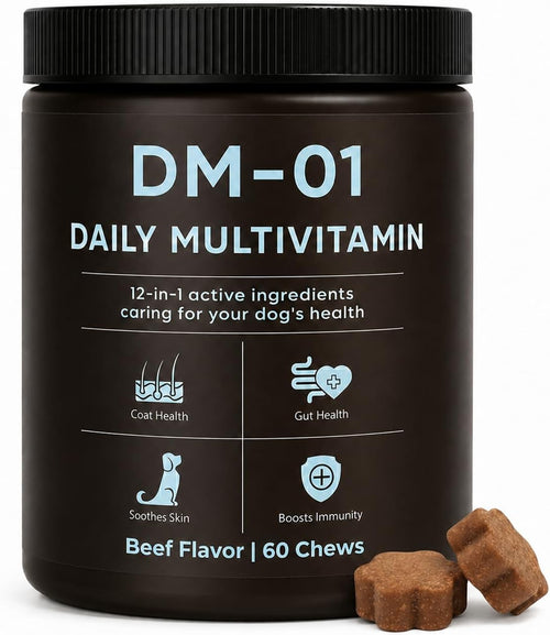 DM-01 Daily Multivitamin, Multivitamin Itch Relief Chews for Dog, Beef | 12-in-1 daily multivitamin chews with Salmon Oil, Probiotics, Glucosamine & Essential Vitamins for everyday dog wellness.