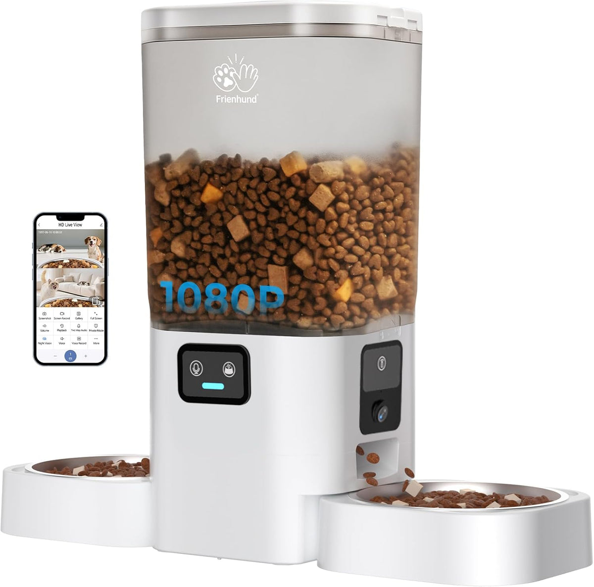 Frienhund Automatic Cat Feeder 2 Cats with Slow Feed: Dual Automatic Dog Feeder with 5G WiFi, Cat Food Dispenser with APP Control for Multiple Pets, Detachable for Easy Clean, Double Pet Bowl - 29 Cup