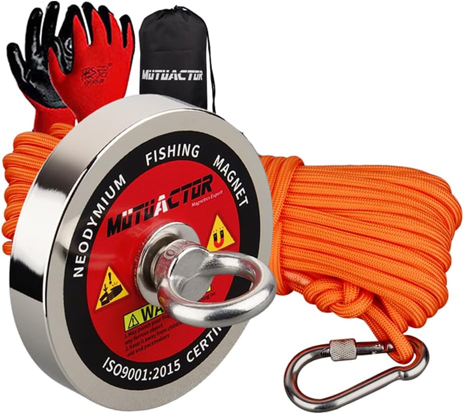 MUTUACTOR Magnet Fishing Kit,Φ2.36''Heavy Duty Neodymium N52 Magnet with 20m(64 Foot) Durable Rope,500lbs Pulling Force Permanent Strong Rare Earth Magnets for Lifting Objects Hunting Lost Treasures