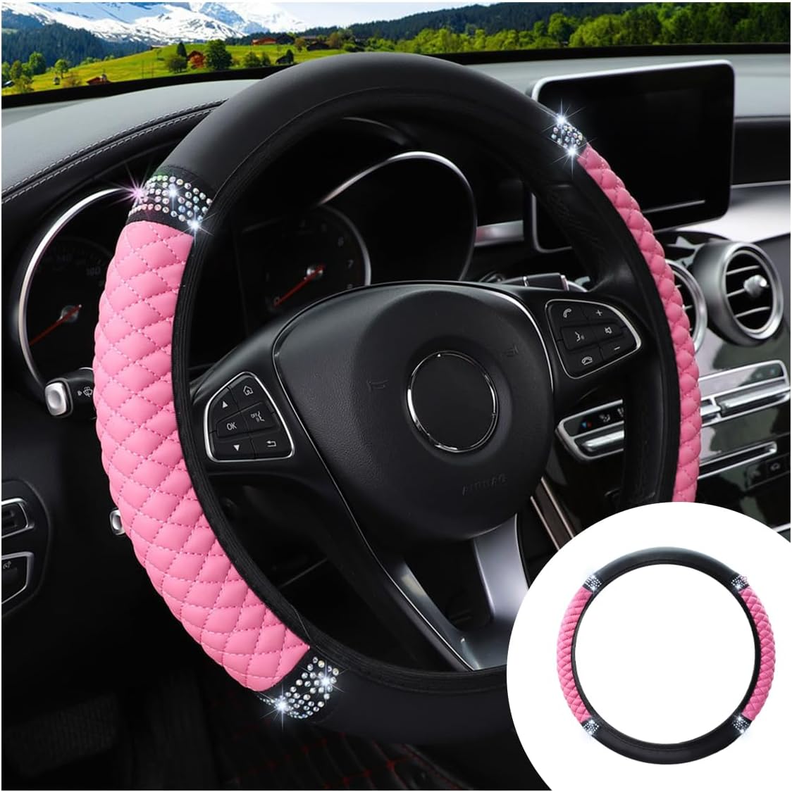 JOYCOURT 15 Inch Bling Soft Leather Car Steering Wheel Cover, Pink