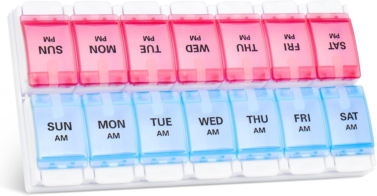 Sukuos AM PM Weekly Pill Organizer 2 Times A Day, Large Daily Pill Box Case 7 Day with Easy Push Button Design, Detachable Medicine Holder for Vitamin/Fish Oil/Supplements (Rainbow)