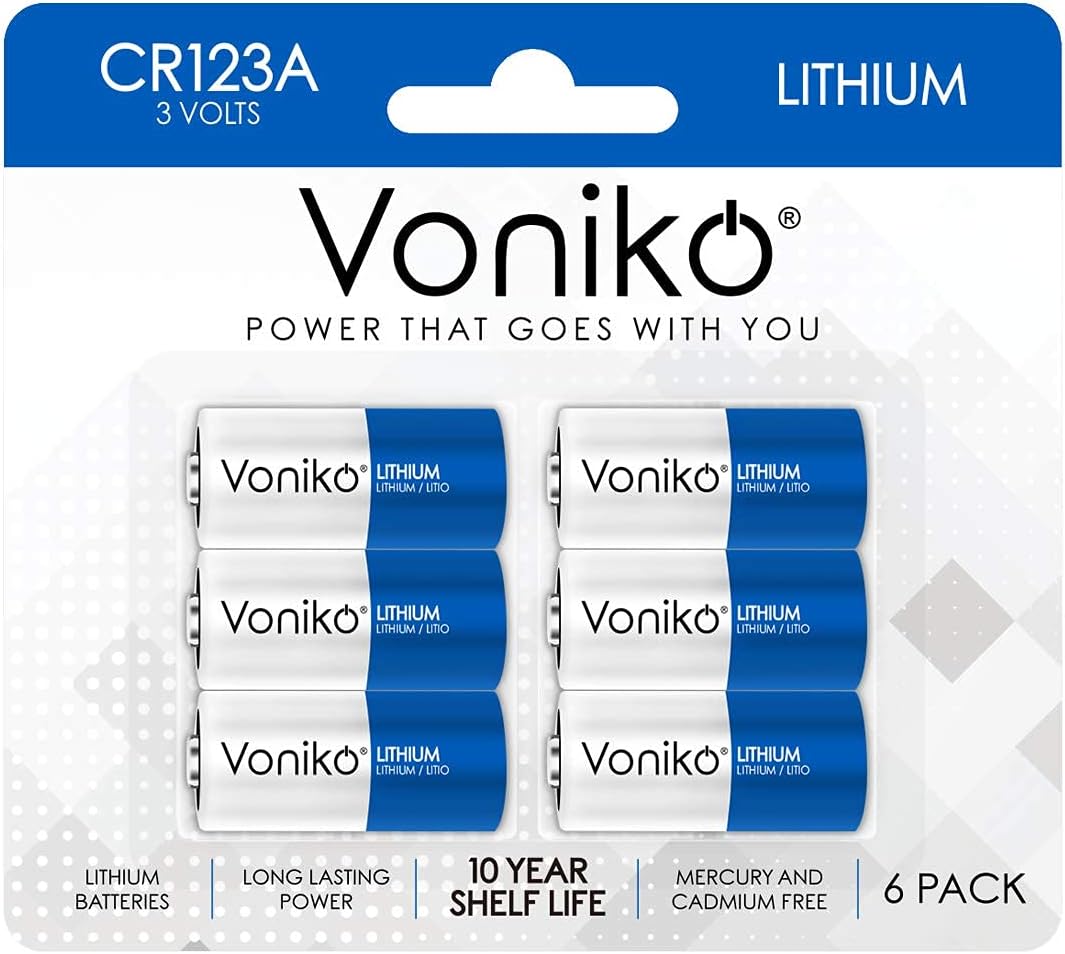 Voniko CR123A 3V Lithium Battery (6 Pack), High Capacity 123 Batteries, 3 Volt CR17345 for Smoke Alarm, Flashlight, Home Automation