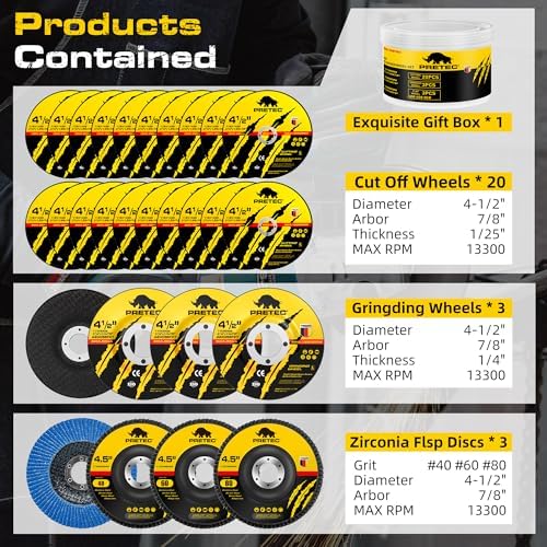 26 Packs Angle Grinder Cutting Flap Grinding Disc Wheel 4 1/2in Inches - 20 Packs 4.5"x1/4"x7/8" Cut off Wheels,3 Packs 4.5"x7/8" 60 Grit Flap Discs, 3 Packs 4.5"x1/25"x7/8" Grinding Wheels