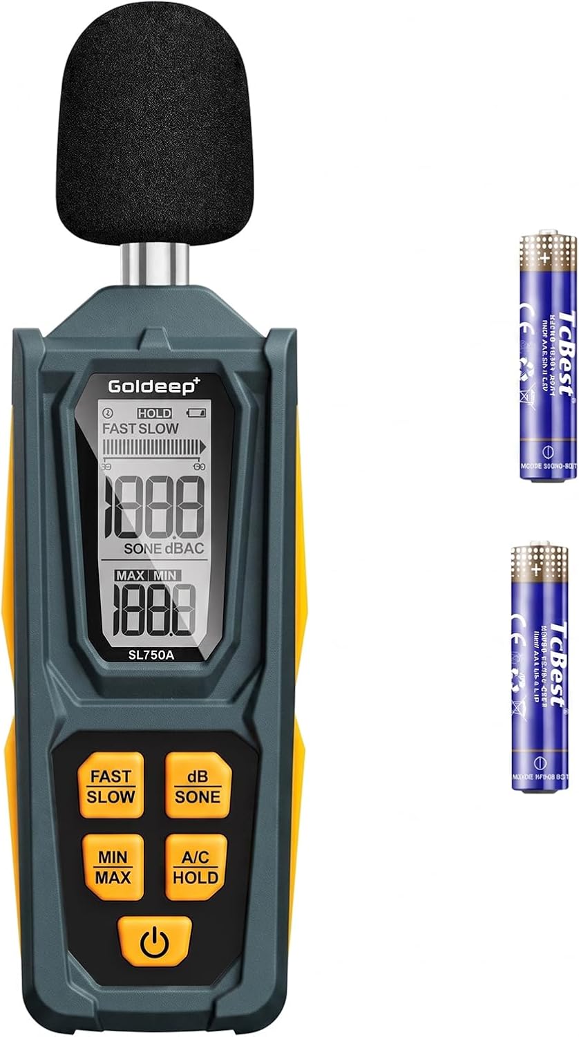 Decibel Meter, Goldeep SL750A Digital Sound Level Meter 30-130dB, A/C Weighted DB Meter with dB/SONE, Fast/Slow, MAX/MIN, LCD Sound Meter for Home, Office, Factory, Neighbor Noise - Vitality Orange