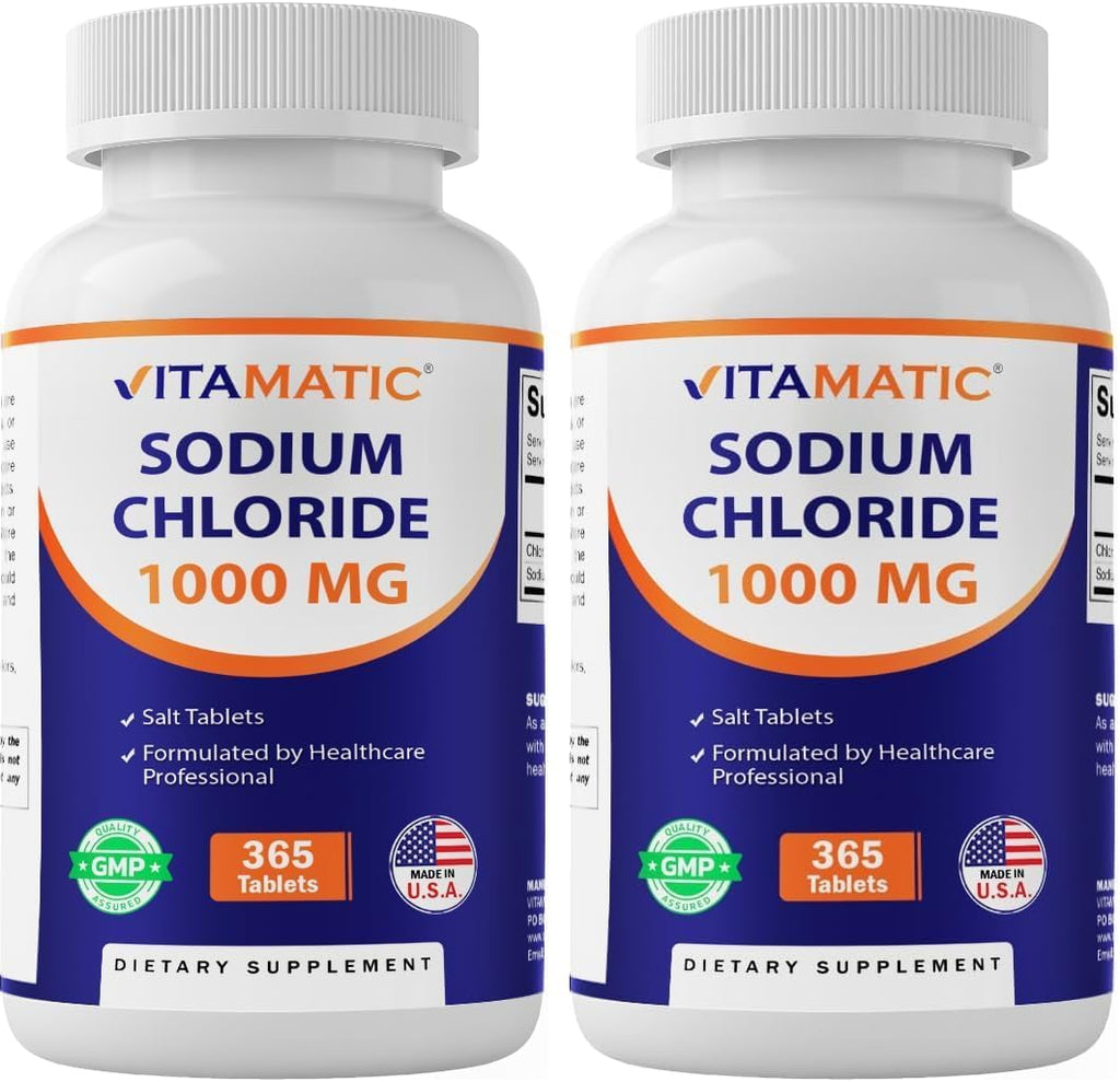 Vitamatic Sodium Chloride 1000mg – 365 Tablets Electrolyte Replenisher & Hydration Support – Non-GMO, Gluten-Free
