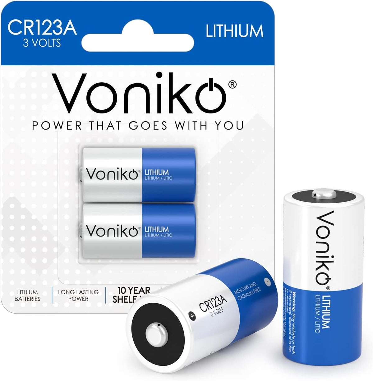 Voniko CR123A 3V Lithium Battery (6 Pack), High Capacity 123 Batteries, 3 Volt CR17345 for Smoke Alarm, Flashlight, Home Automation