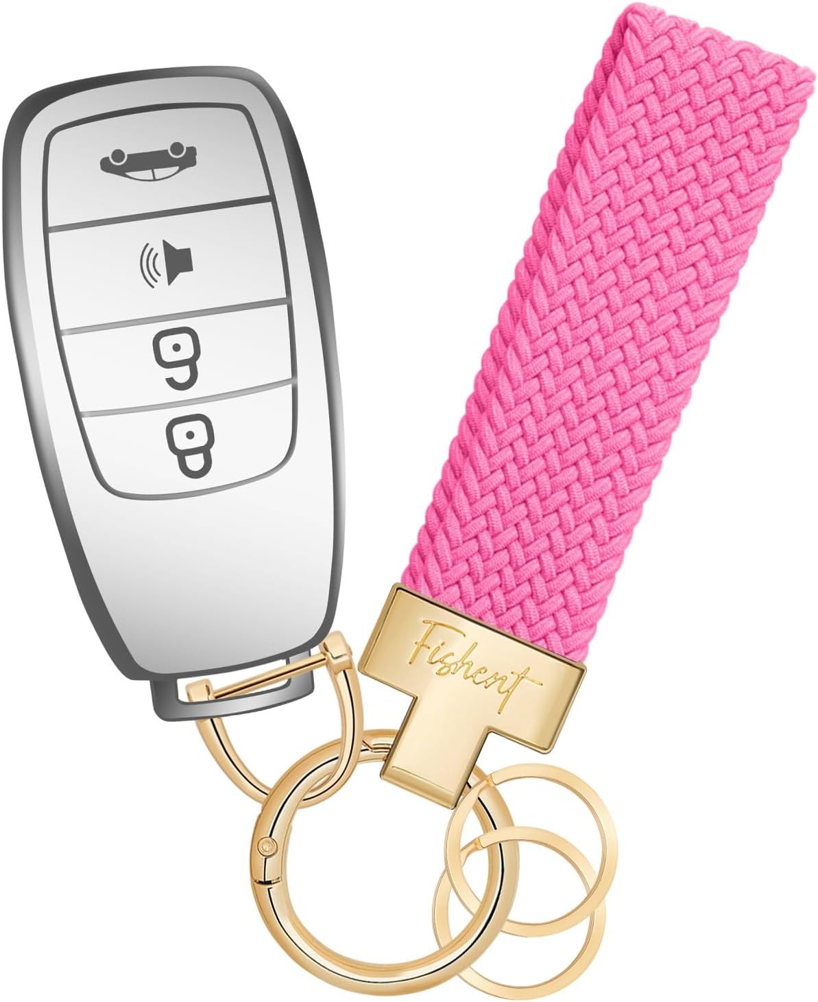 Fishent Stretchy Car Keychain, Nylon Braided Cool Key Chain for Women Men, Universal Key Fob Holder with 3 Keyrings, Anti-Lost D-Ring, Car Accessories, Starlight