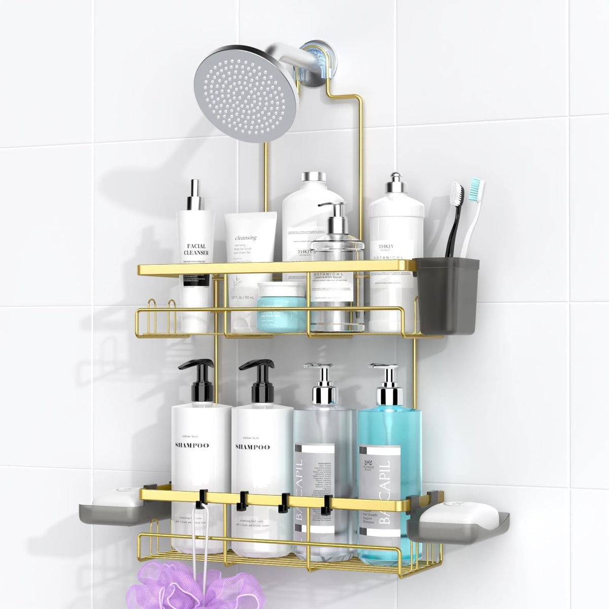 Hanging Shower Caddy Over Showerhead - Rustproof No Drill Shower Organizer