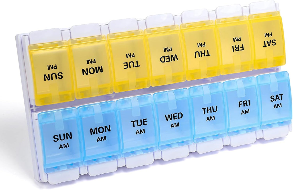 Sukuos AM PM Weekly Pill Organizer 2 Times A Day, Large Daily Pill Box Case 7 Day with Easy Push Button Design, Detachable Medicine Holder for Vitamin/Fish Oil/Supplements (Rainbow)