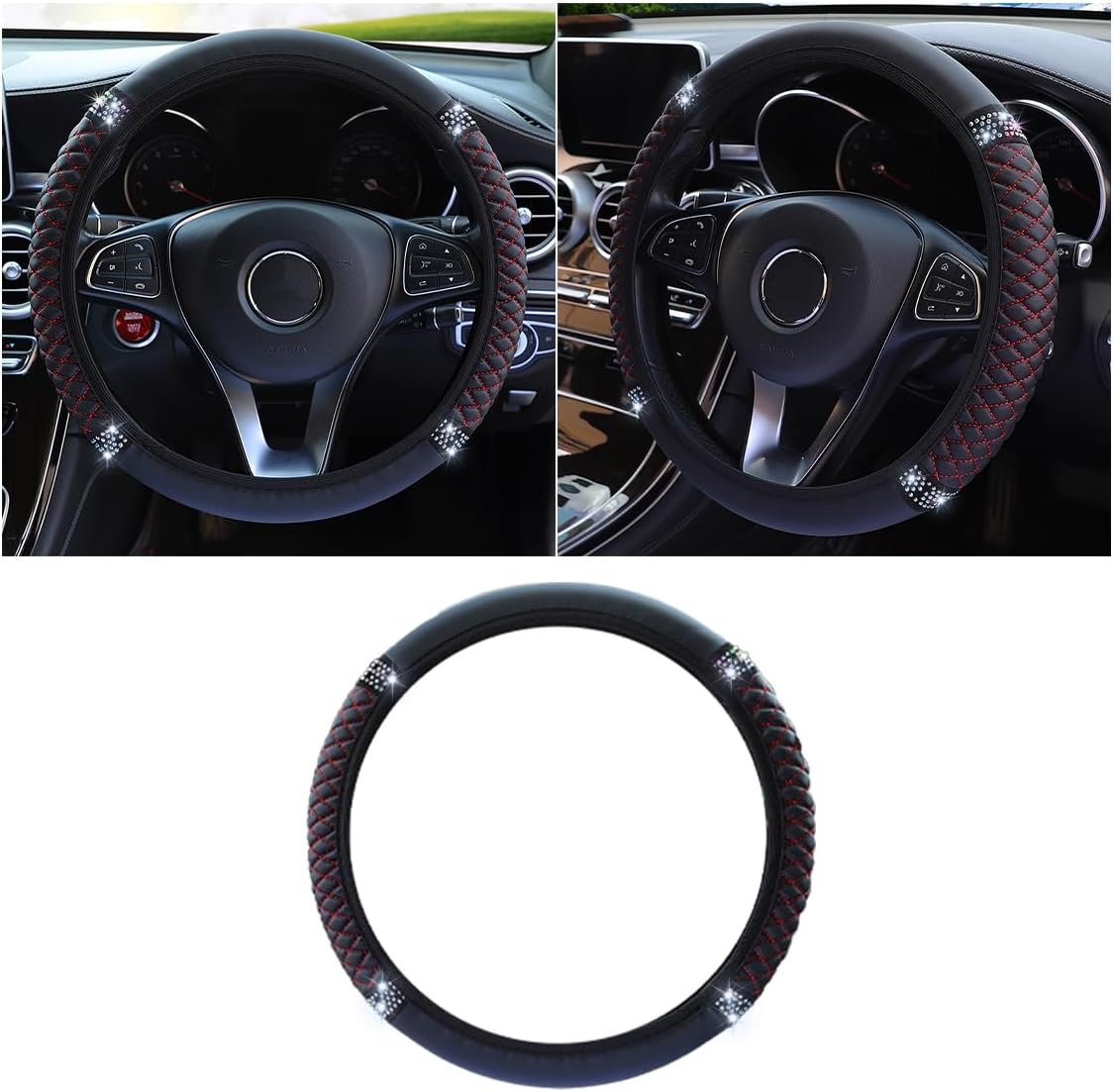 JOYCOURT 15 Inch Bling Soft Leather Car Steering Wheel Cover, Pink