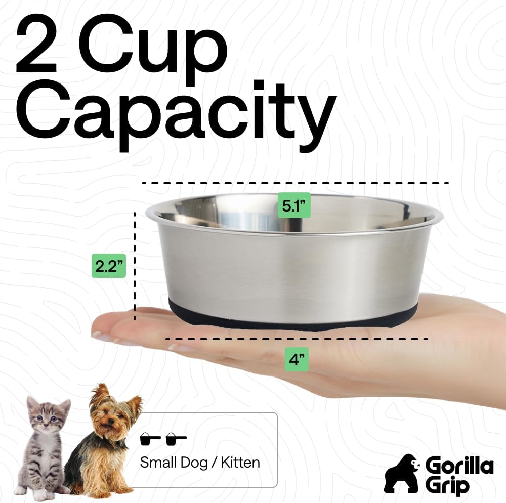 GORILLA GRIP Dog Bowls, Food Grade Stainless Steel, Set of 2, 2 Cup, Black | 304 Stainless Steel Pet Feeding Bowls Hold 16 fl oz Each, Dishwasher Safe, Rust Resistant, BPA Free Rubber Base