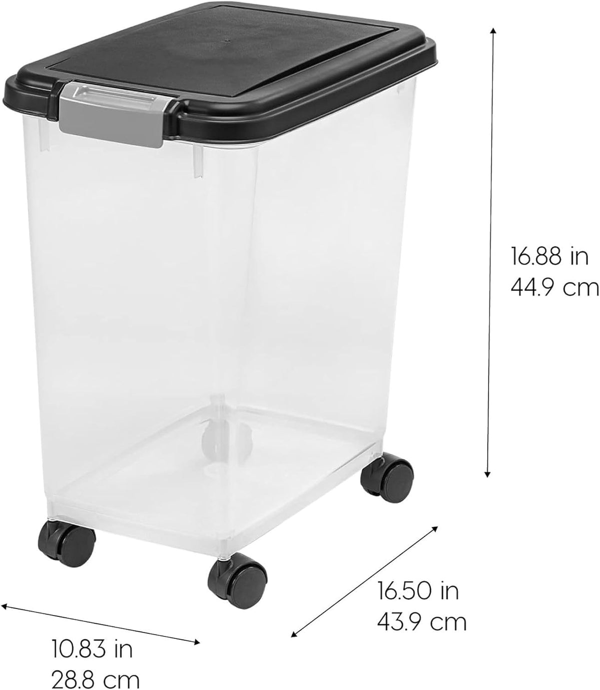 IRIS USA Airtight Pet Food Storage Rolling Container, 30 lb Capacity, Black | Airtight seal keeps kibble, bird seed, and pet food fresh while wheels provide easy mobility around the home.