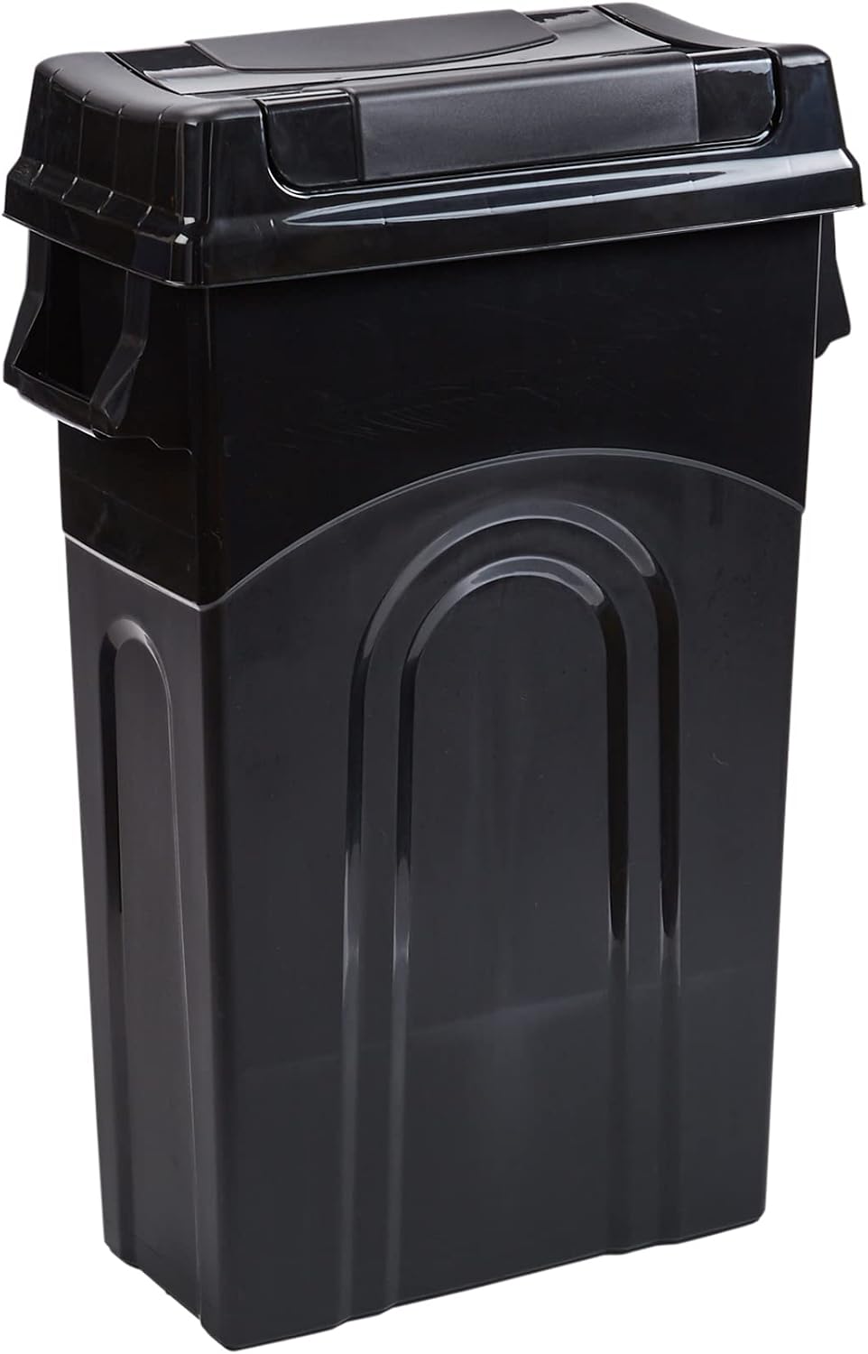 United Solutions Highboy Waste Container with Swing Lid, 23 Gallon, Space Saving Slim Profile and Simple Bag Removal, Handles for Easy Carrying, Indoor/Outdoor Use, Plastic, Black, 1-Pack.