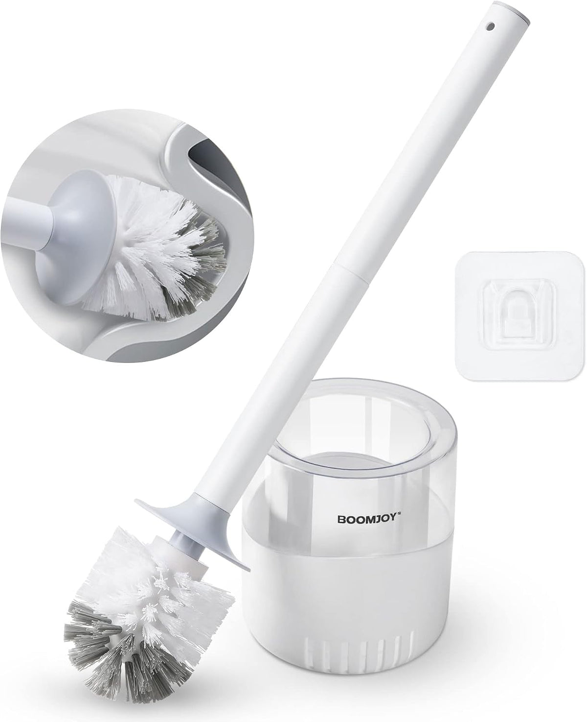 BOOMJOY Toilet Brush and Holder Set, Silicone Toilet Bowl Cleaner Brush, Bathroom Cleaning Bowl Kit with Tweezers, Bathroom Accessories with Aluminum Handle - White
