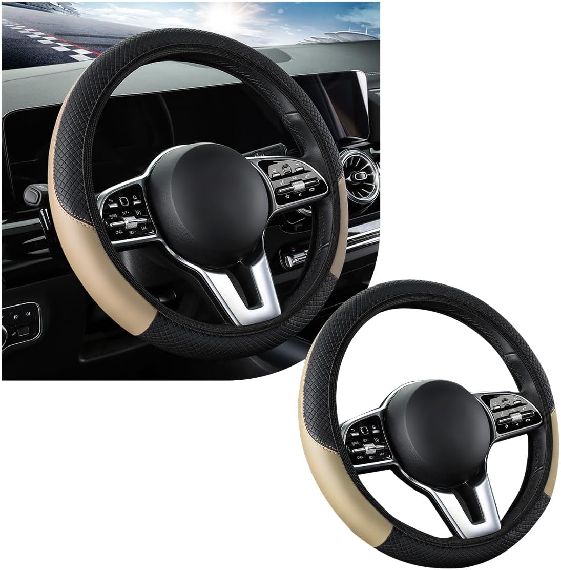 povtii Car Steering Wheel Cover, 15 Inch Leather Breathable Auto Steering Wheel Protector, Comfortable Non-Slip Vehicle Steering Wheel Covers, Universal Interior Car Accessories (Black+Pink)