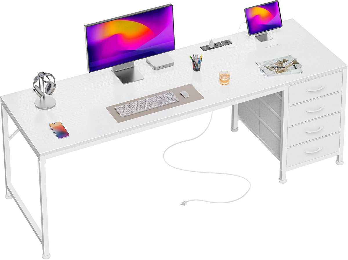 PRAISUN 55.1 Inch Computer Office Desk with Power Outelts and USB-C Port, Reversible Gaming Desk with 4 Fabric Drawers, Work Study Desk Work from Home, Rustic Brown