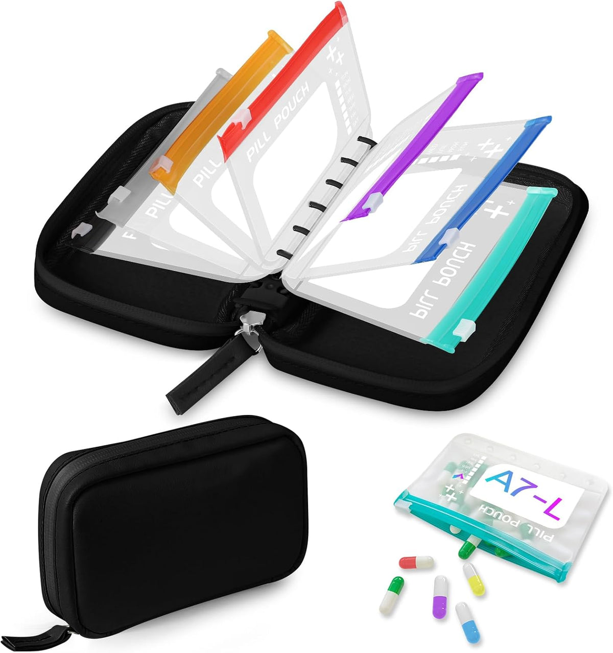 Timueetech A7 Waterproof Pill Organizer with 7 PCS L Size Zippered Pill Pouches for A7 Binder, Large BPA-Free Weekly Medicine Organizer, Color-Coded Reusable Travel Pill Storage System