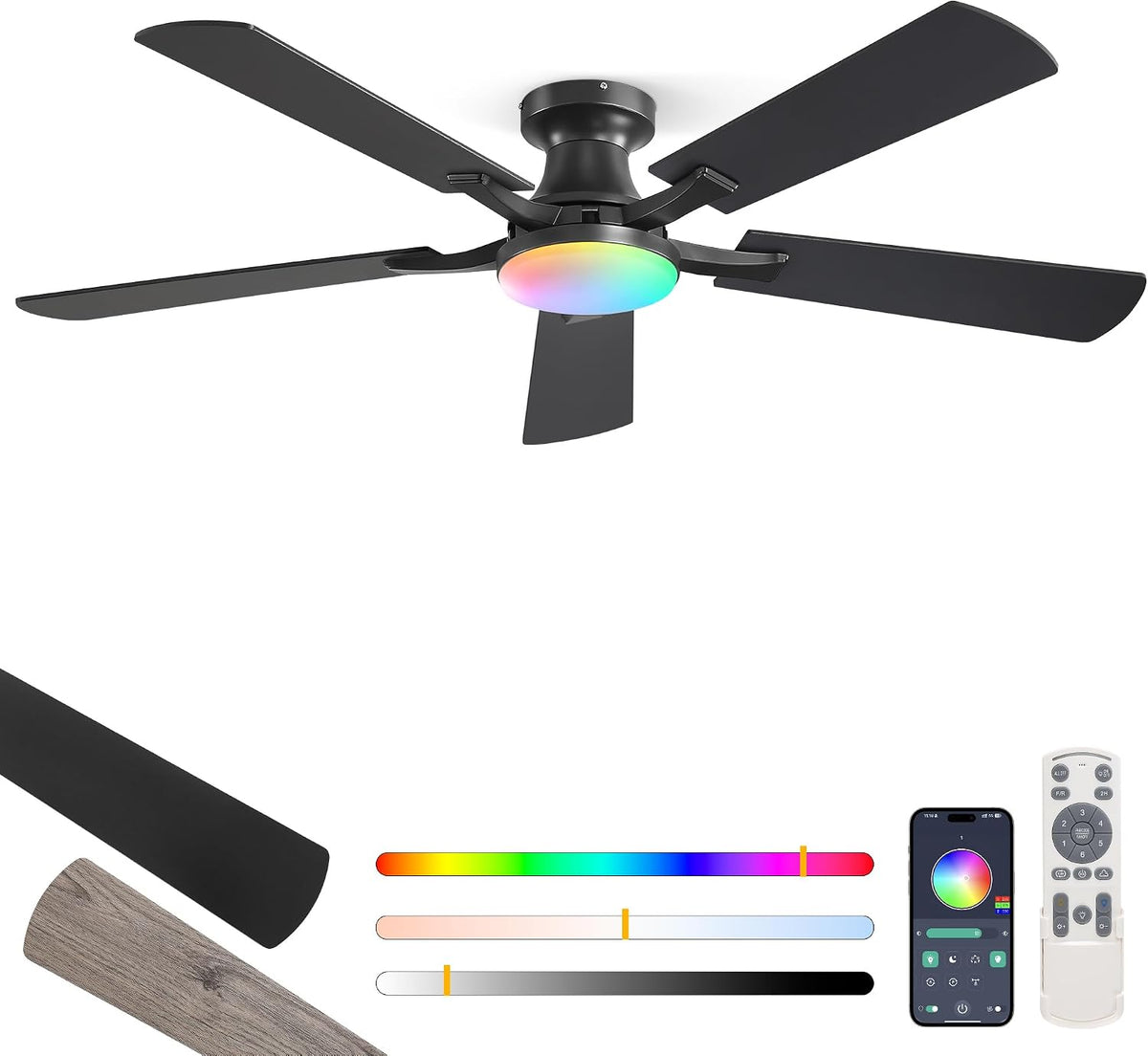 ZMISHIBO 52 Inch Ceiling Fans with Lights, Remote&App Control, Flush Mount