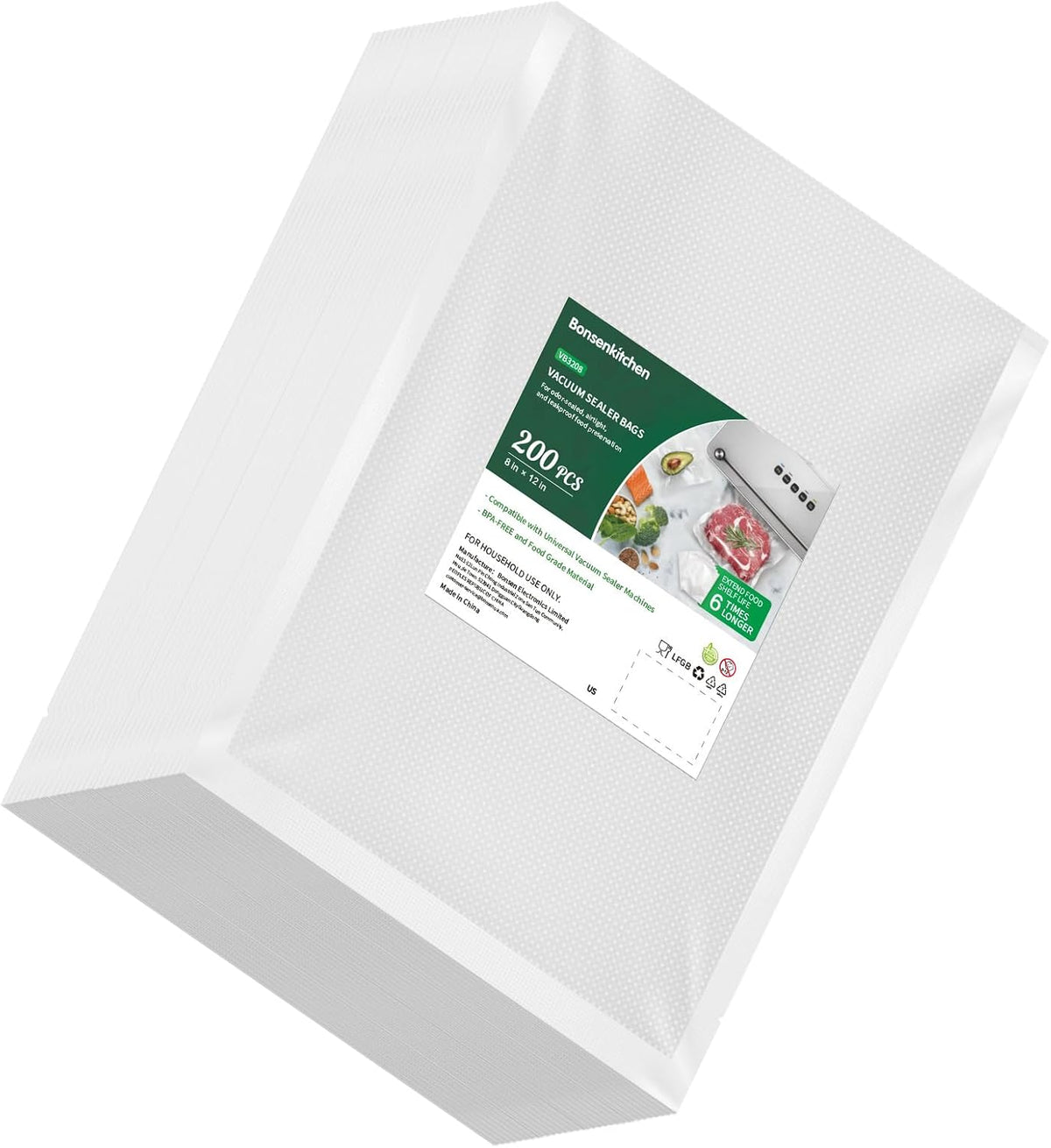 Bonsenkitchen Precut Vacuum Sealer Bags 200 Quart 8" x 12", BPA Free