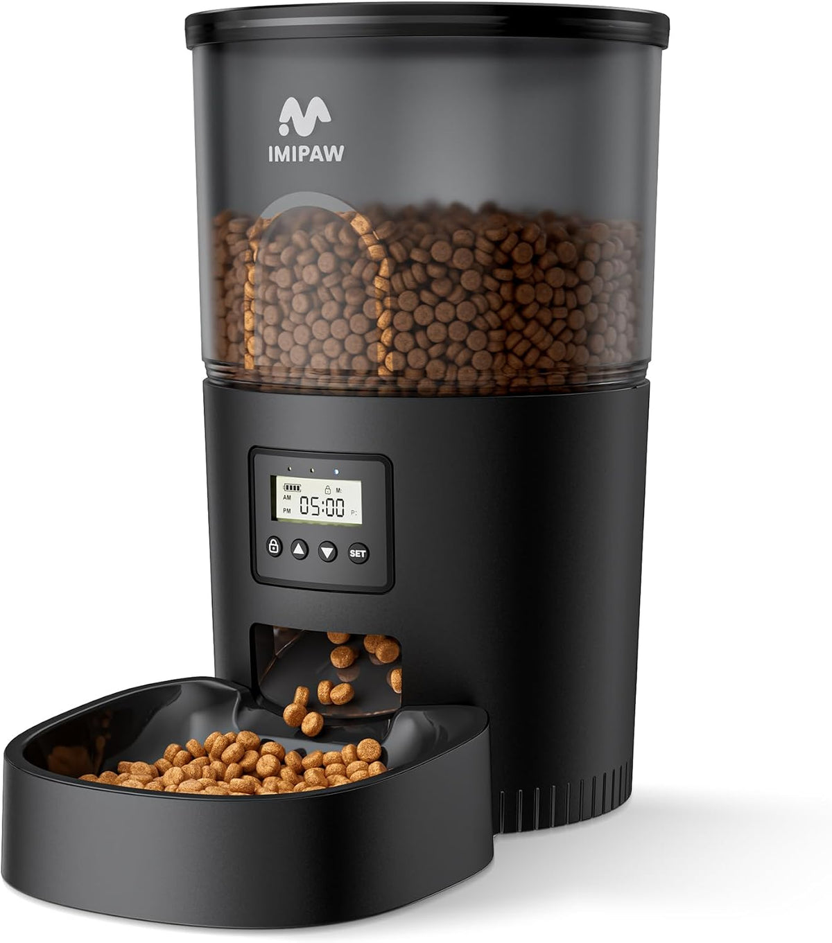 IMIPAW Automatic Cat Feeders, Timed Cat Dry Food Dispenser with Desiccant Bag, Dual Power Supply, Programmable Portion Size, 6 Meals, 20 Portions Per Day, Auto Pet Feeder for Cats and Small Dog, White
