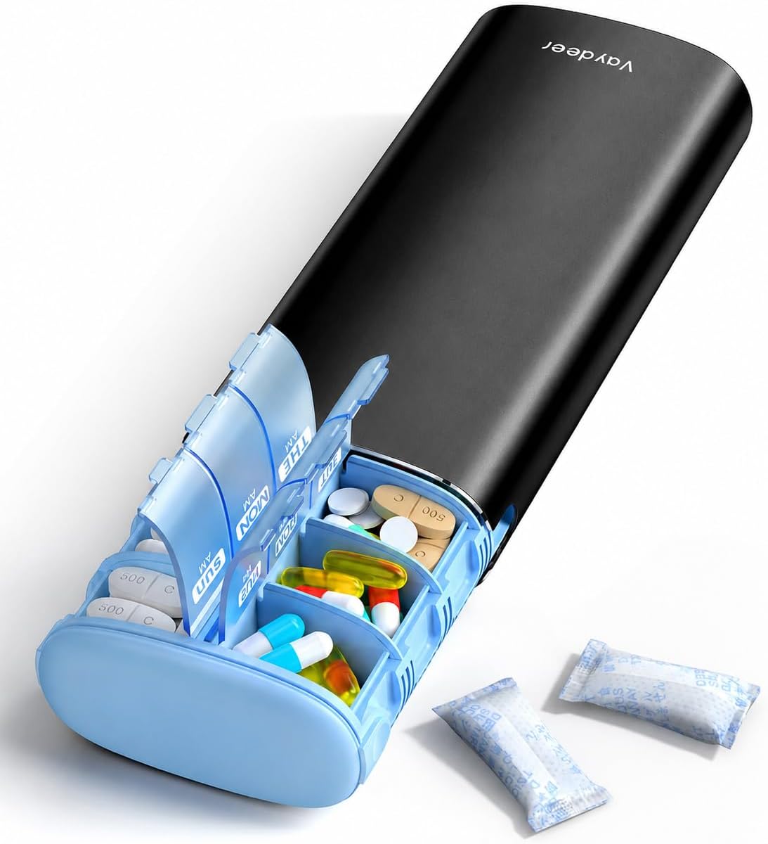 Vaydeer Metal 7 Day Travel Pill Organizer 2 Times a Day, Built-in Desiccant