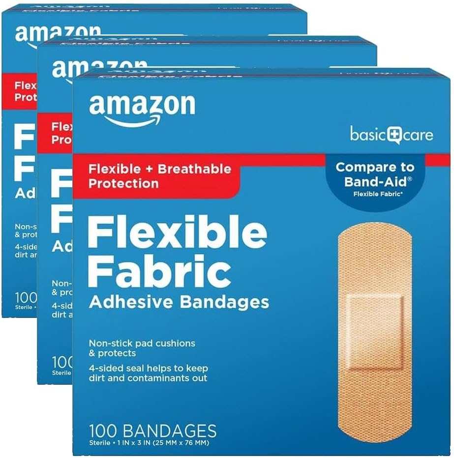 Amazon Basic Care Flexible Fabric Adhesive Bandages, First Aid for Wounds and Scrapes, Breathable with Non-Stick Pad, Latex Free, 100 Count