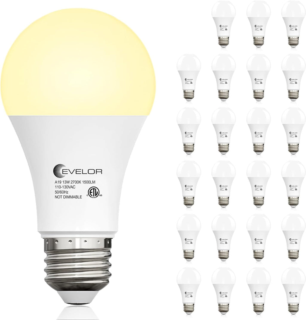 evelor 6-Packs A19 LED Light Bulbs,100 Watt Equivalent Daylight 5000K Bright Bulbs Efficient 13W,1500 Lumens E26 Base, Non-Dimmable, 15000-Hour Lifespan for Bedroom, Living Room, Office