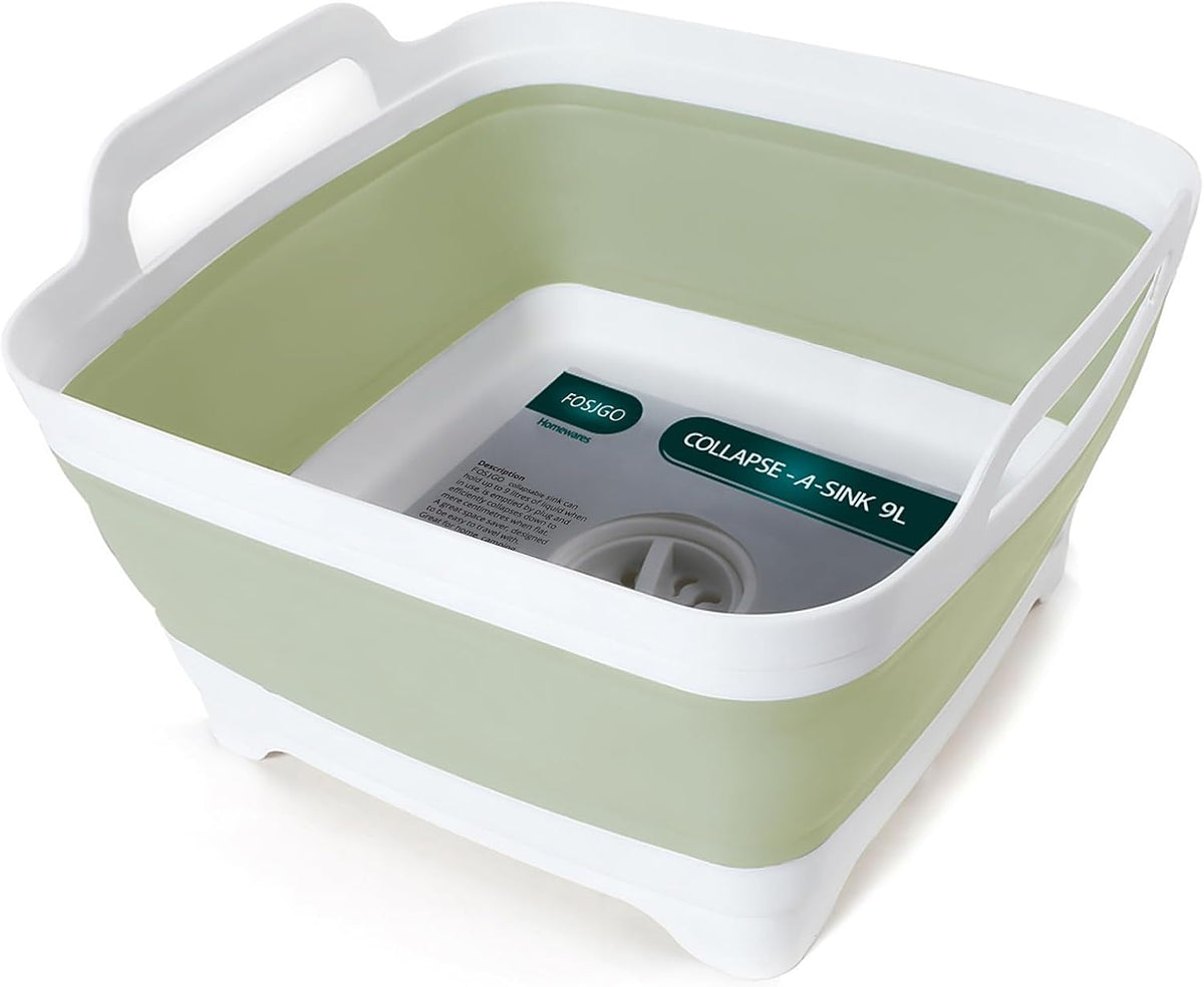 FOSJGO Collapsible Dish Basin with Drain Plug, Foldable Sink, 2.4 Gal (9L)