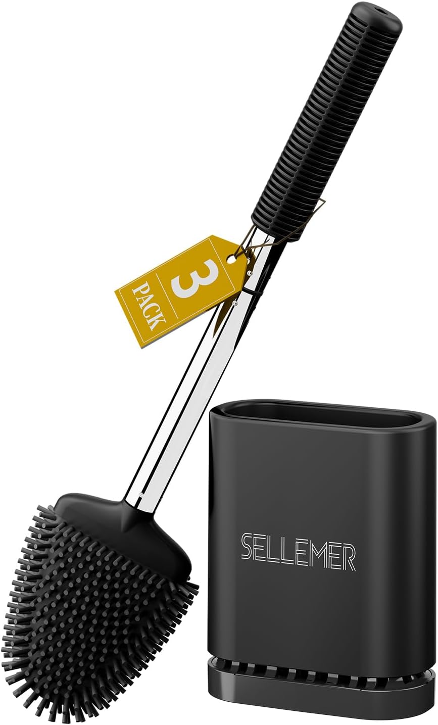 Sellemer Silicone Toilet Brush, Ventilation Slots Base Holder 1 Pack Silver