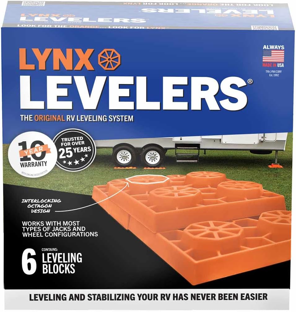 Lynx Levelers 11 Pack Including 1 Lynx Cap Level Top for RV/Trailer/Motorhome/Vanlife Interlocking Leveling Blocks with Storage Bag for Most Leveling and Stabilizing Functions. 00015, Made in USA.