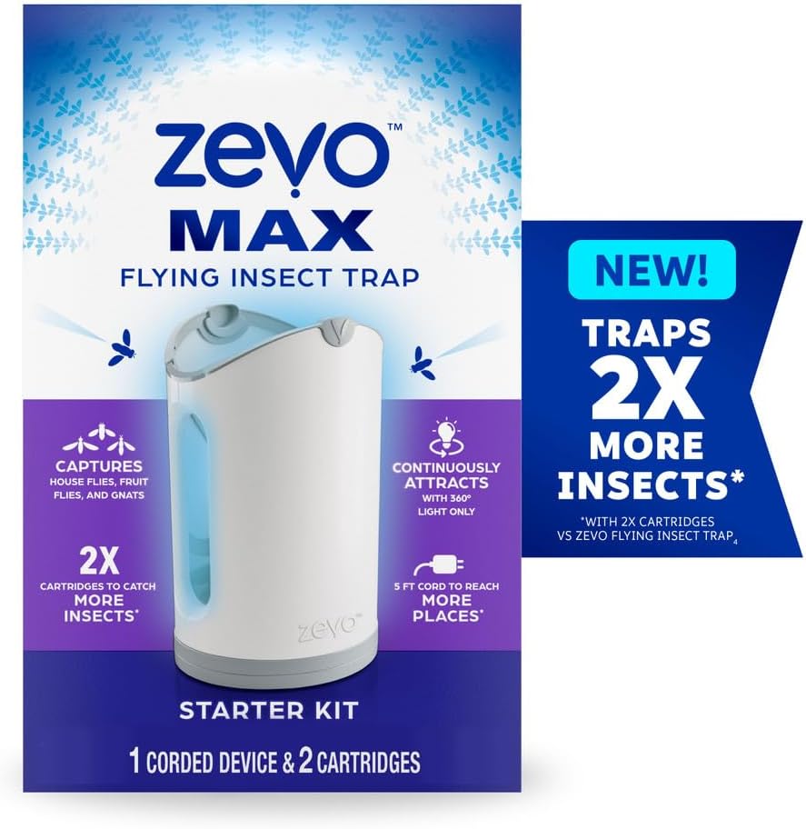 Zevo MAX Bug Catcher, Gnat & Fruit Fly Trap Indoors, 1 Base & 2 Refills