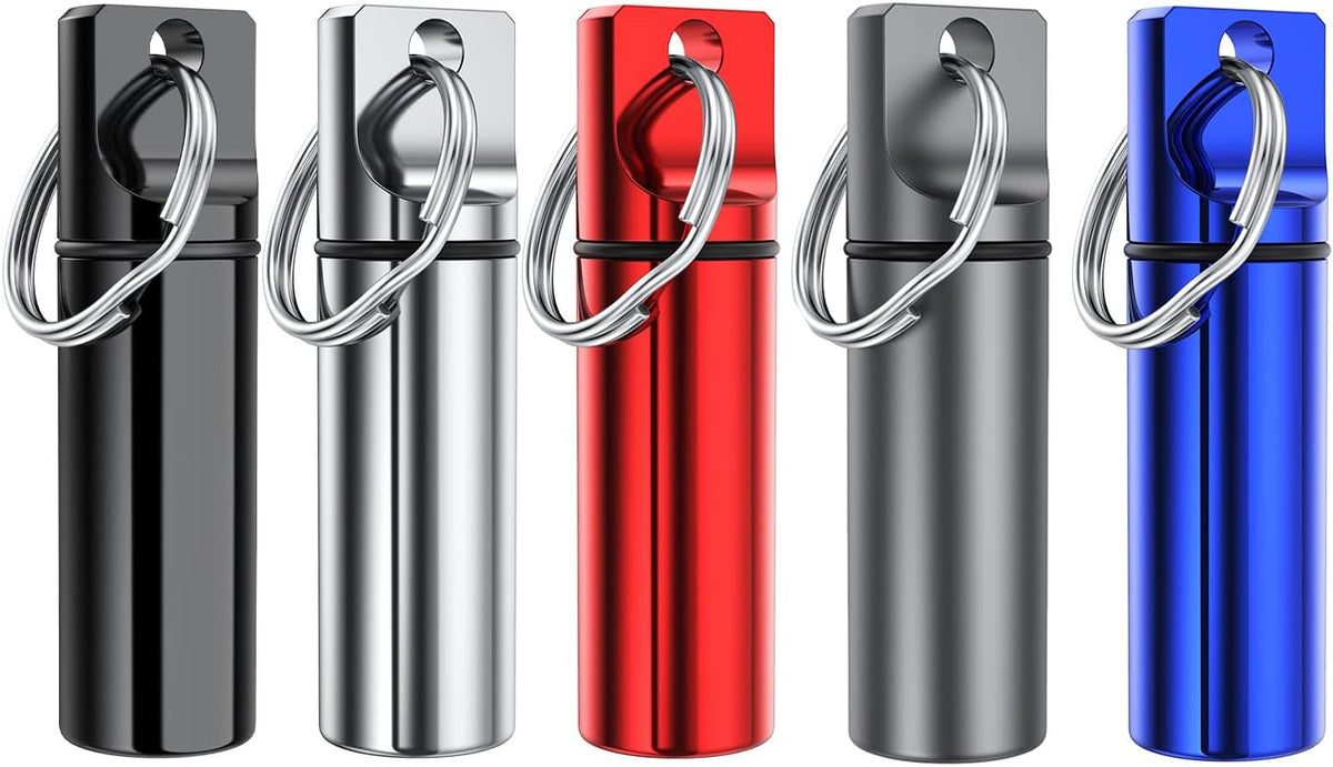 Small Portable Pill Box Keychain (3 Pack), Aluminium Alloy Mini Pill Organizer Case Container for Purse,Waterproof Metal Pill Holder Medicine Bottle for Outdoor Camping Travel(Black+Silver+Red)