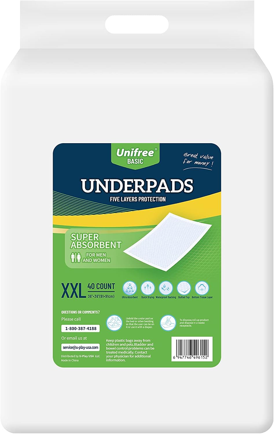 Unifree Disposable Underpads, Bed Pads, Incontinence Pad, Super Absorbent, 50 Count, Blue (XL 30x36 Inch)