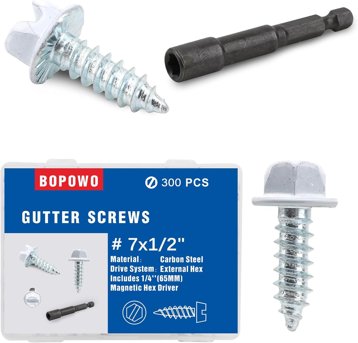 Self-Tapping Gutter Screws White Painted Slotted Hex Washer Head #8 x 1/2" Zinc Plated Finish, Includes 1/4" Magnetic Hex Driver - for Gutter Install