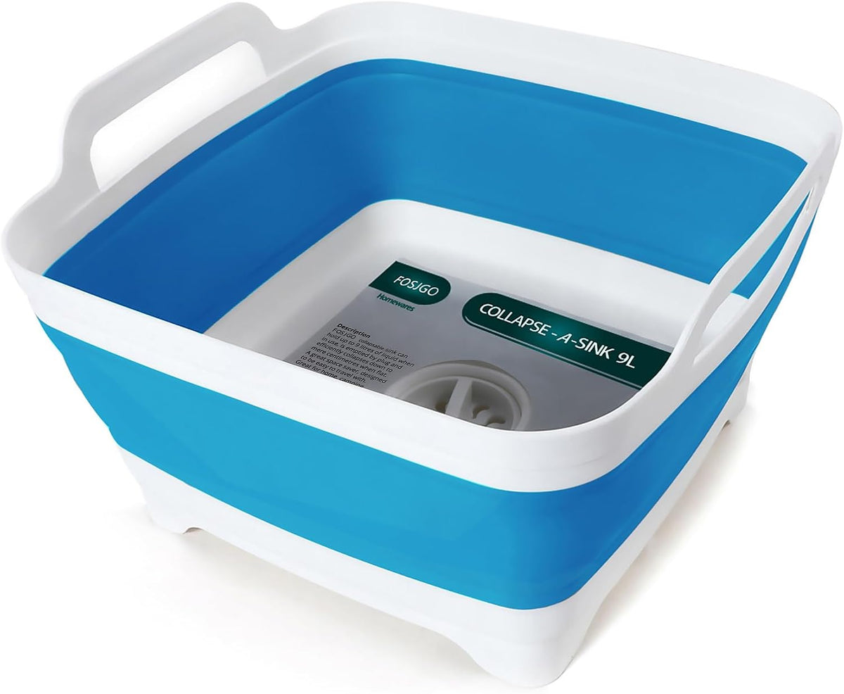 FOSJGO Collapsible Dish Basin with Drain Plug, Foldable Sink, 2.4 Gal (9L)