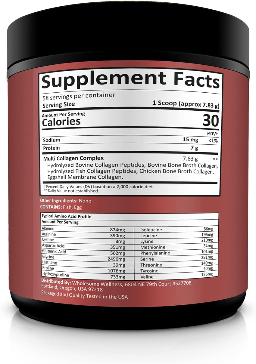 Wholesome Wellness Premium Multi Collagen Peptides Protein Powder for Women and Men, 5 Types of Hydrolyzed Collagen, Grass-Fed, Non-GMO & Unflavored, Pure Protein for Youthful Skin & Joint Recovery